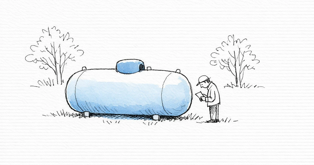 Editorial illustration: a person checking a residential propane tank in their backyard